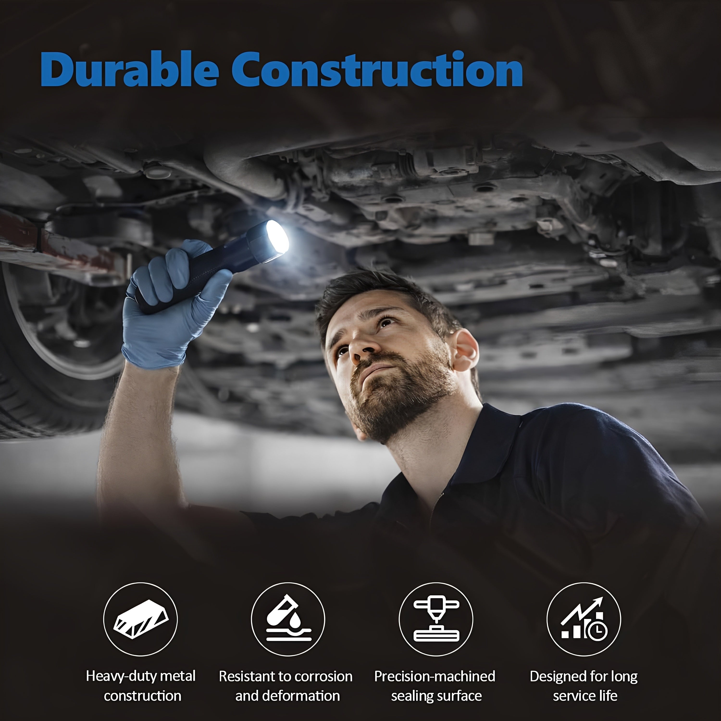 Transmission oil pan durability infographic with icons for metal and corrosion resistance