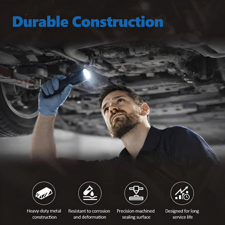 Transmission oil pan durability infographic with icons for metal and corrosion resistance