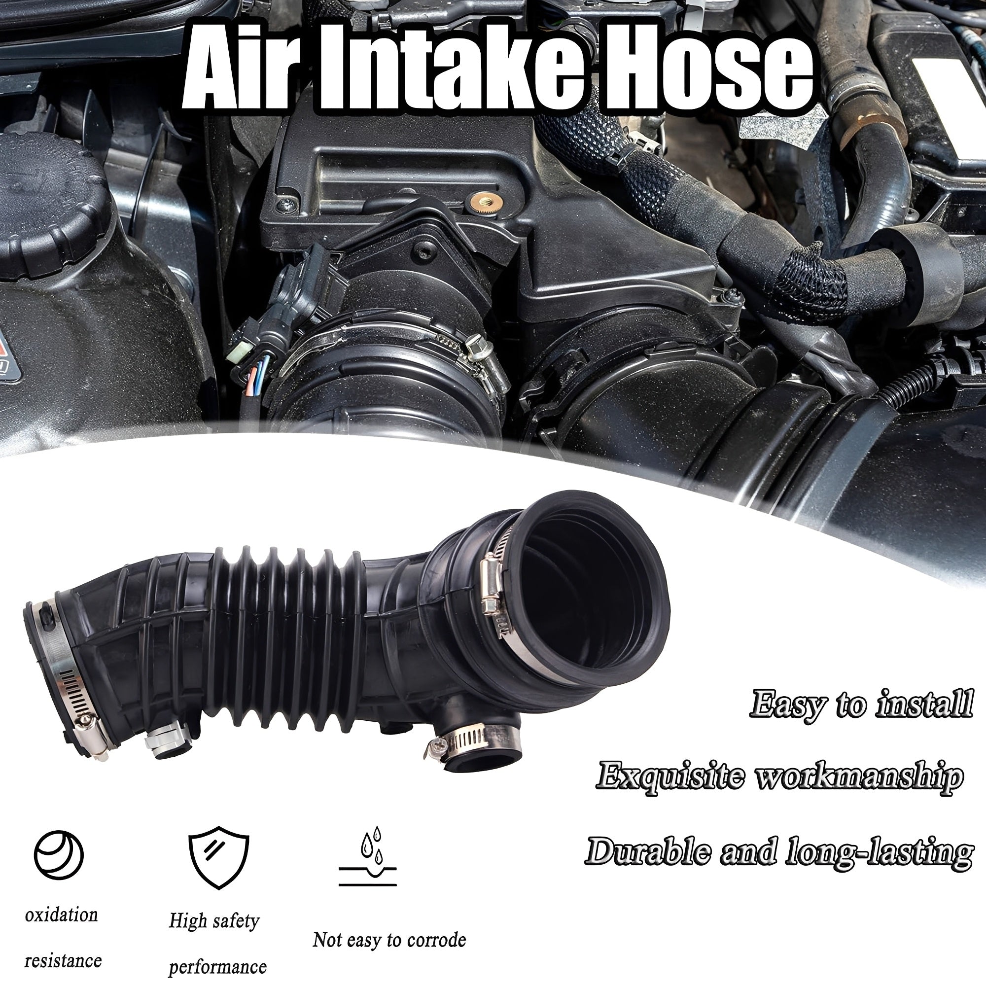 Engine air intake hose in engine bay, ribbed black rubber with metal clamp