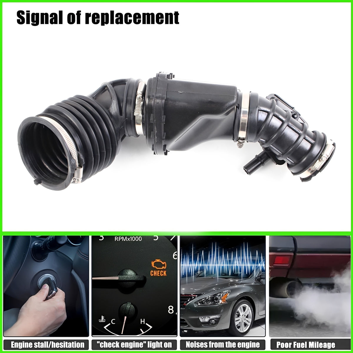 Black air intake hose with flexible ribbed tube and sealed box-style connector