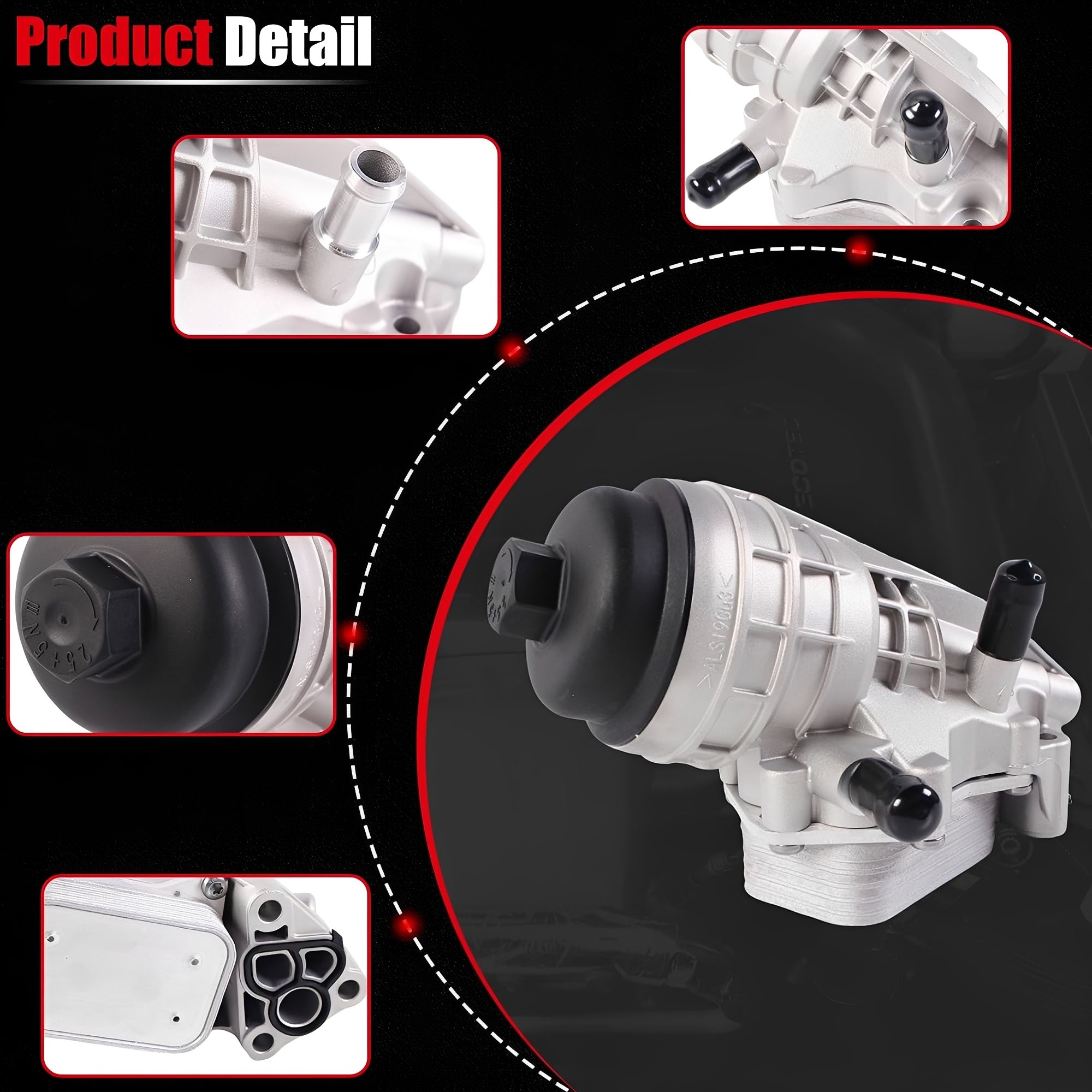 Oil filter housing detail view with inset ports and gasket features