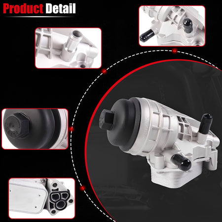 Oil filter housing detail view with inset ports and gasket features