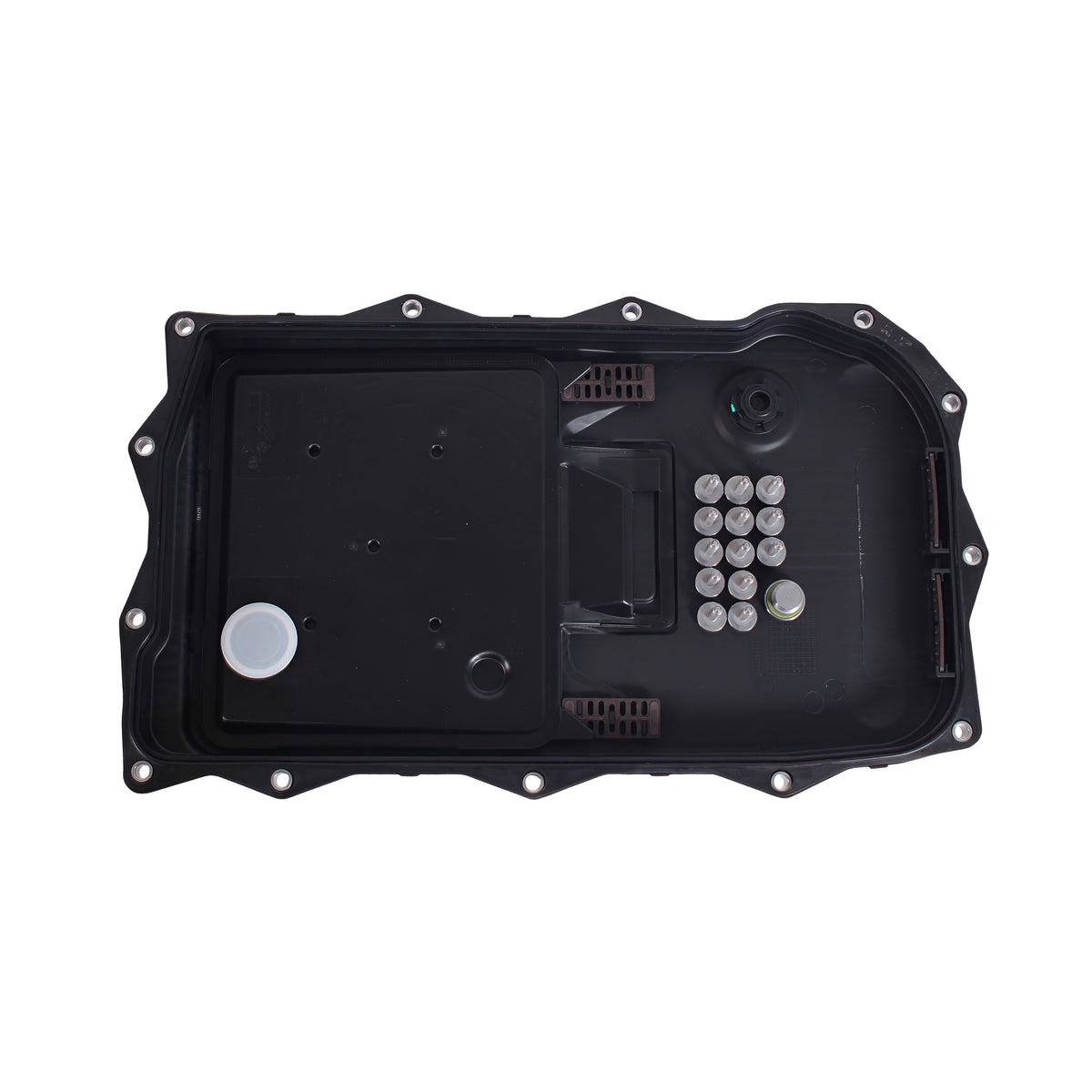 Automatic transmission oil pan kit, top view with white filler cap and bolt set