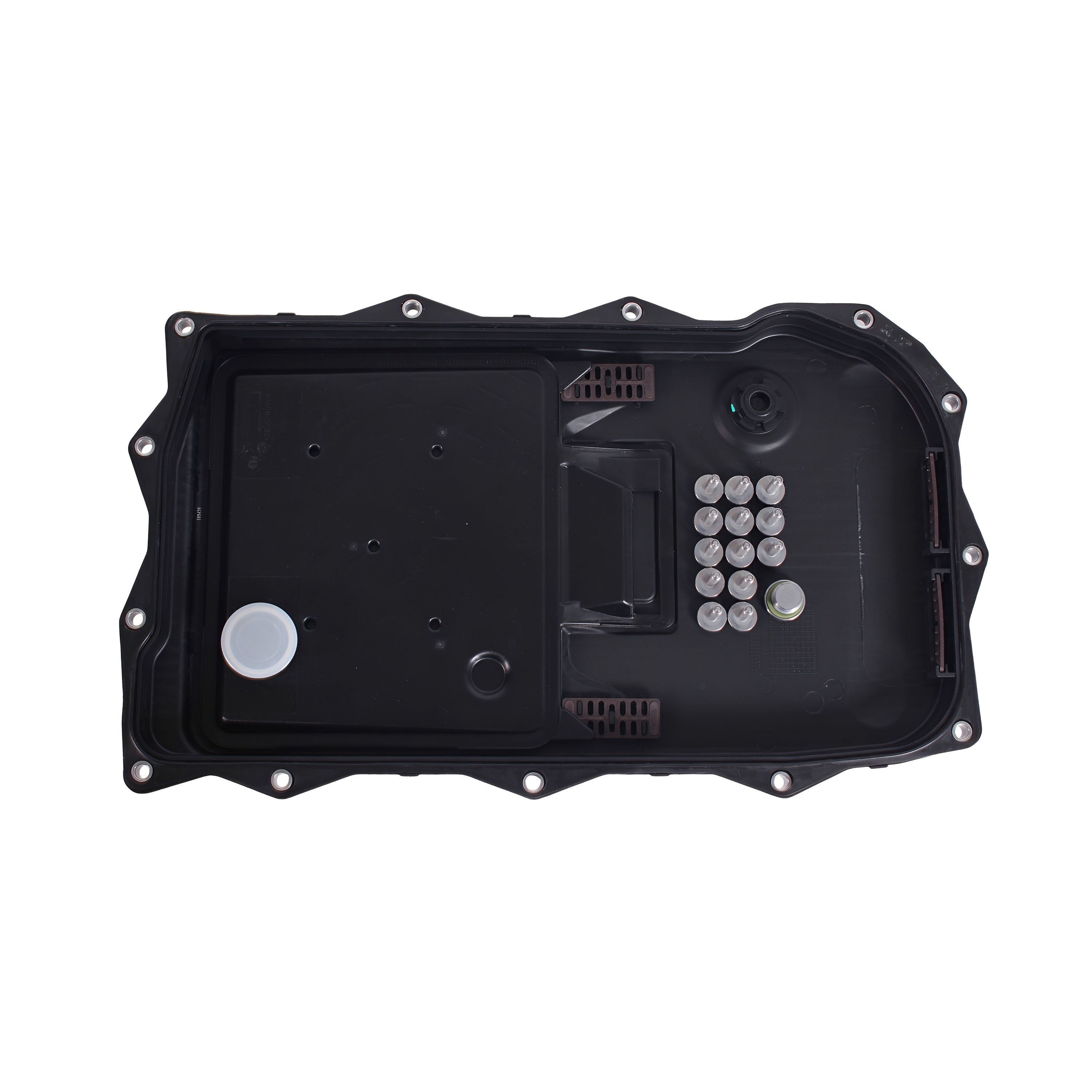 Automatic transmission oil pan kit, top view with white filler cap and bolt set