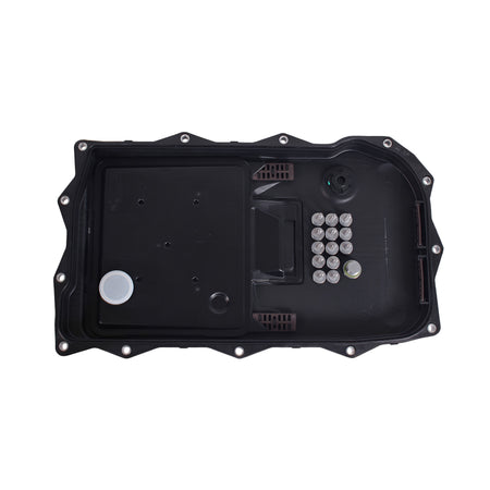 Automatic transmission oil pan kit, top view with white filler cap and bolt set