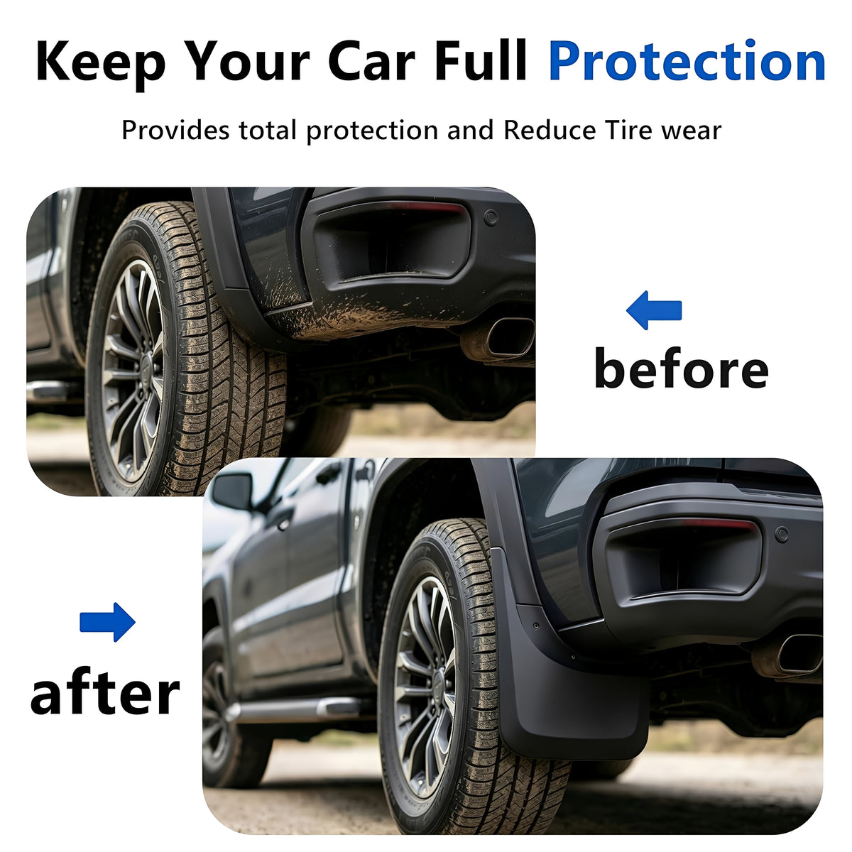 Mud flap installation on pickup wheel area, front and side view
