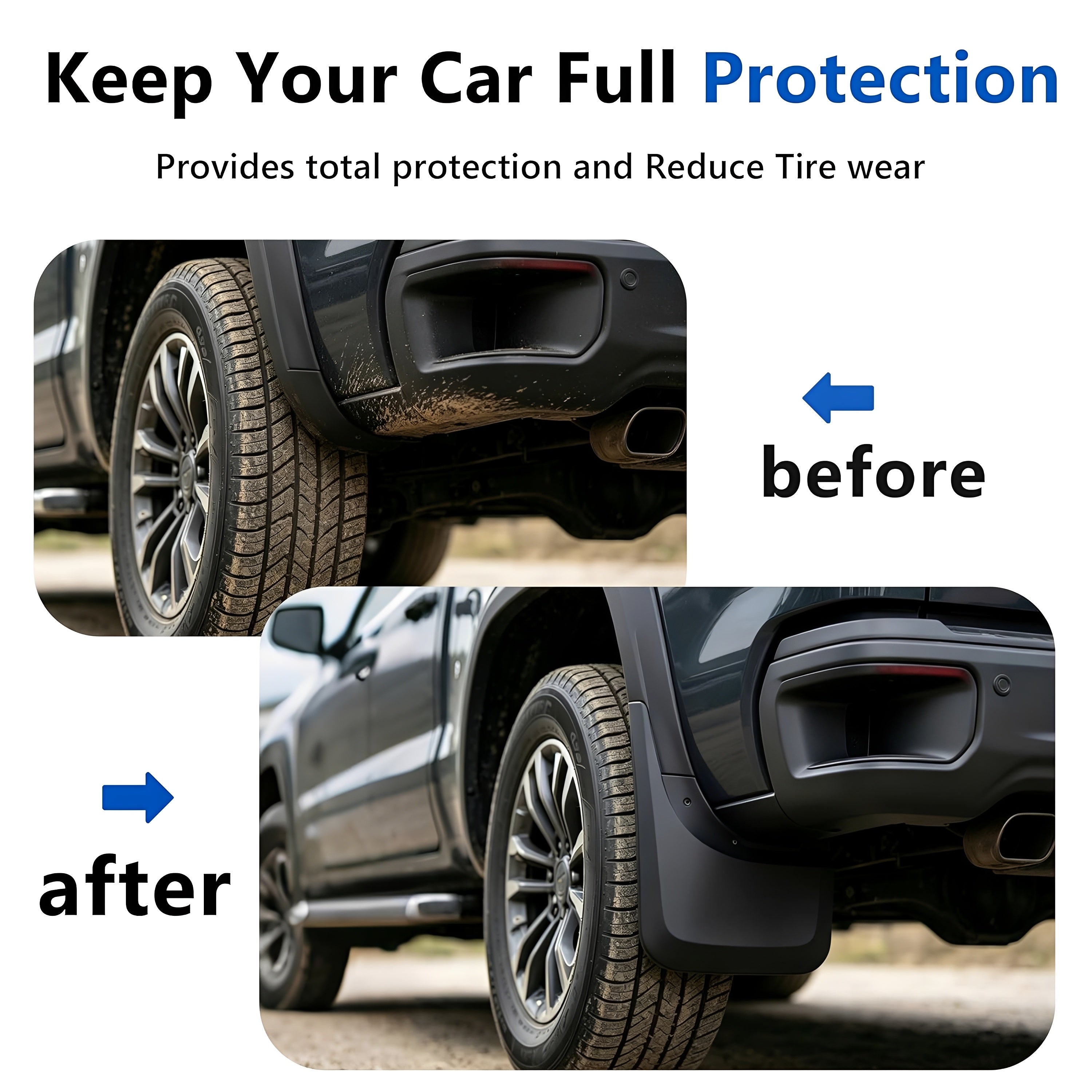 Mud flap installation on pickup wheel area, front and side view
