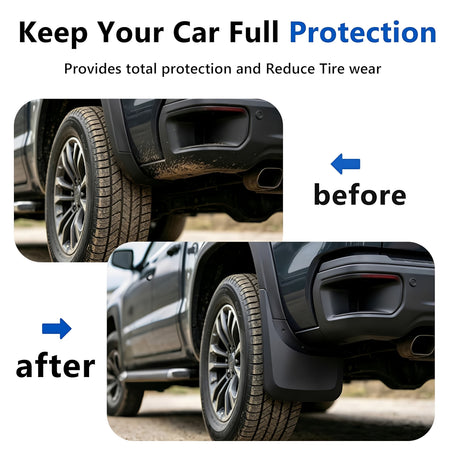 Mud flap installation on pickup wheel area, front and side view