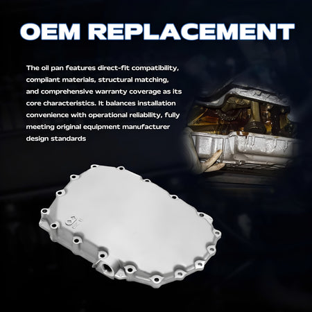 Silver transmission oil pan with drain plug opening