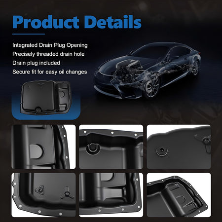 Transmission oil pan product details graphic, integrated drain plug and gasket