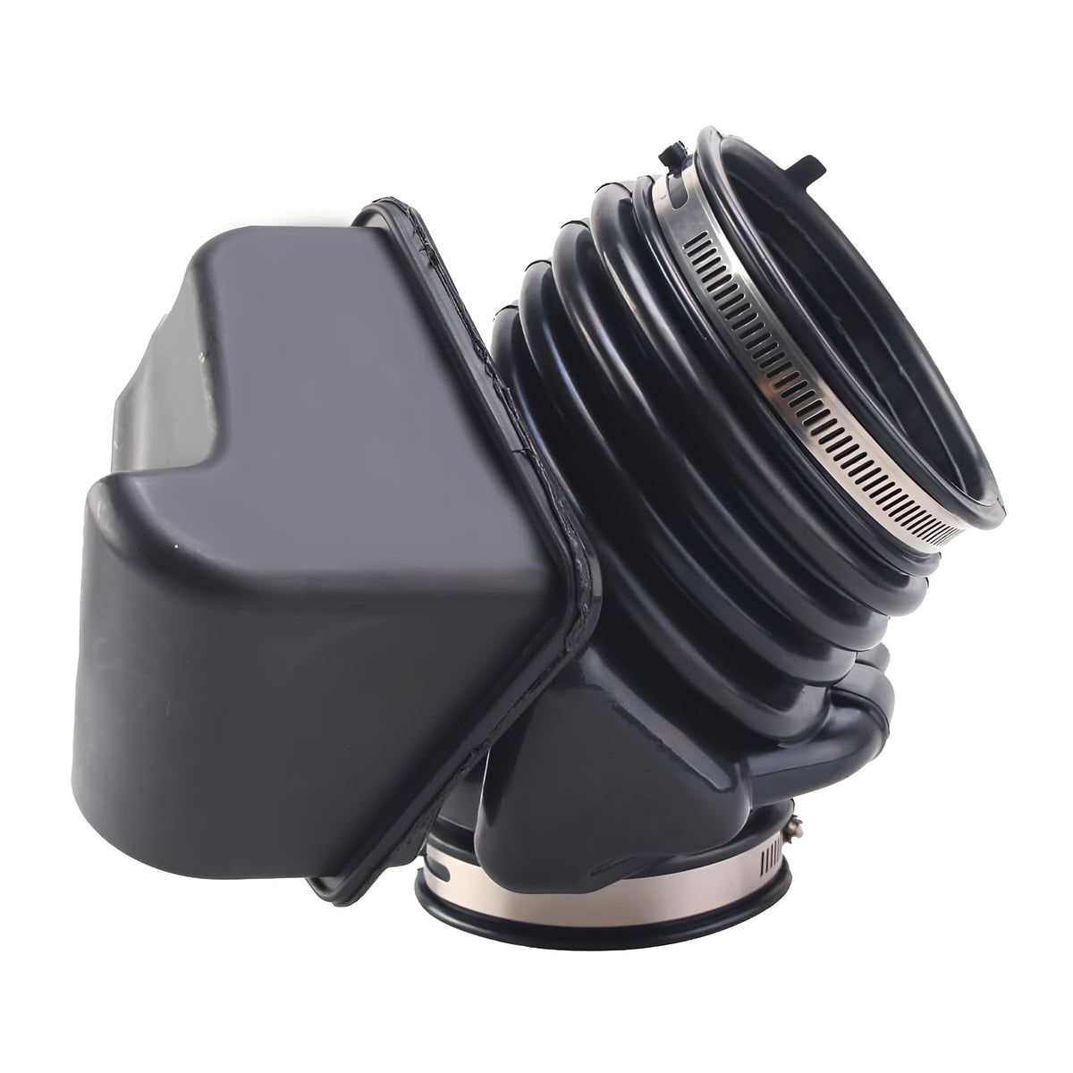 Black air intake hose with ribbed bellows and attached mounting bracket