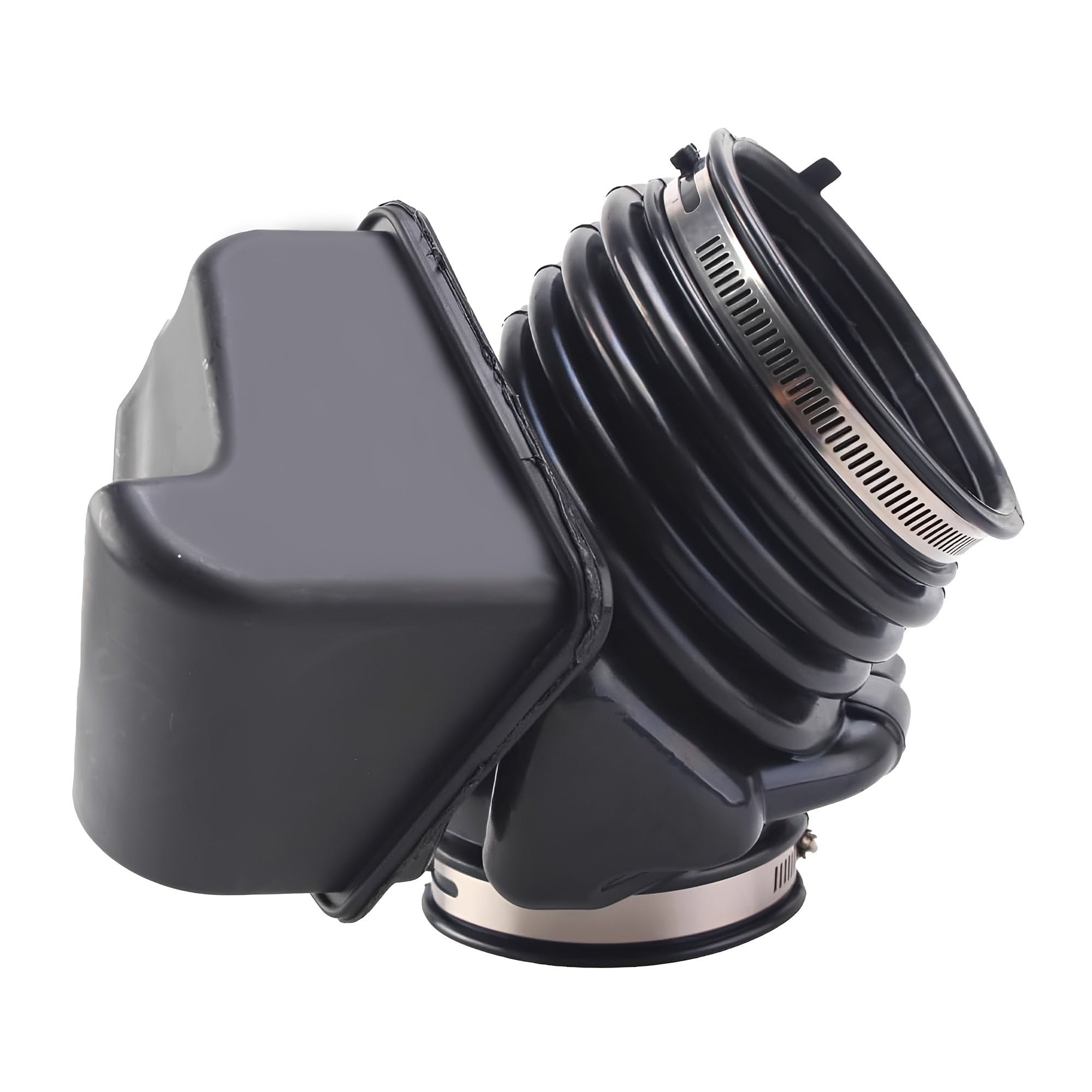 Black air intake hose with ribbed bellows and attached mounting bracket