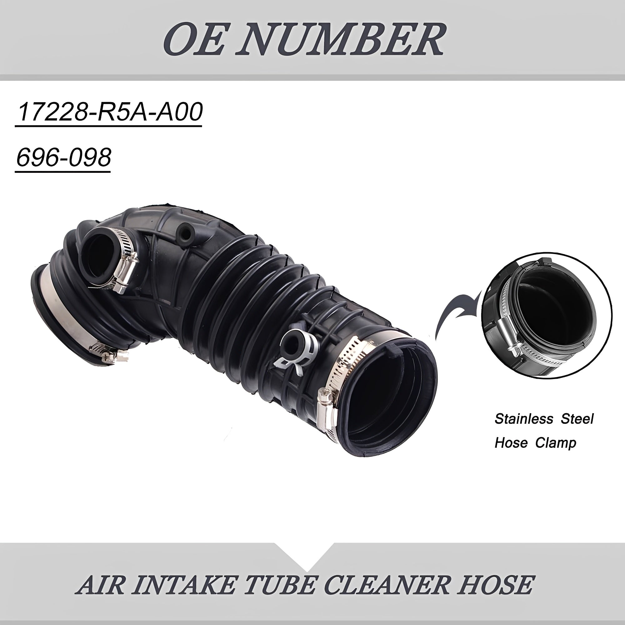 Engine air intake tube cleaner hose with stainless steel clamp and ribbed black tube