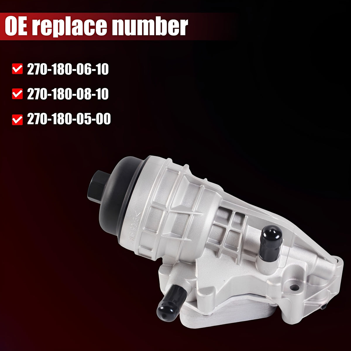 Oil filter housing with OE replace callouts and check mark icons
