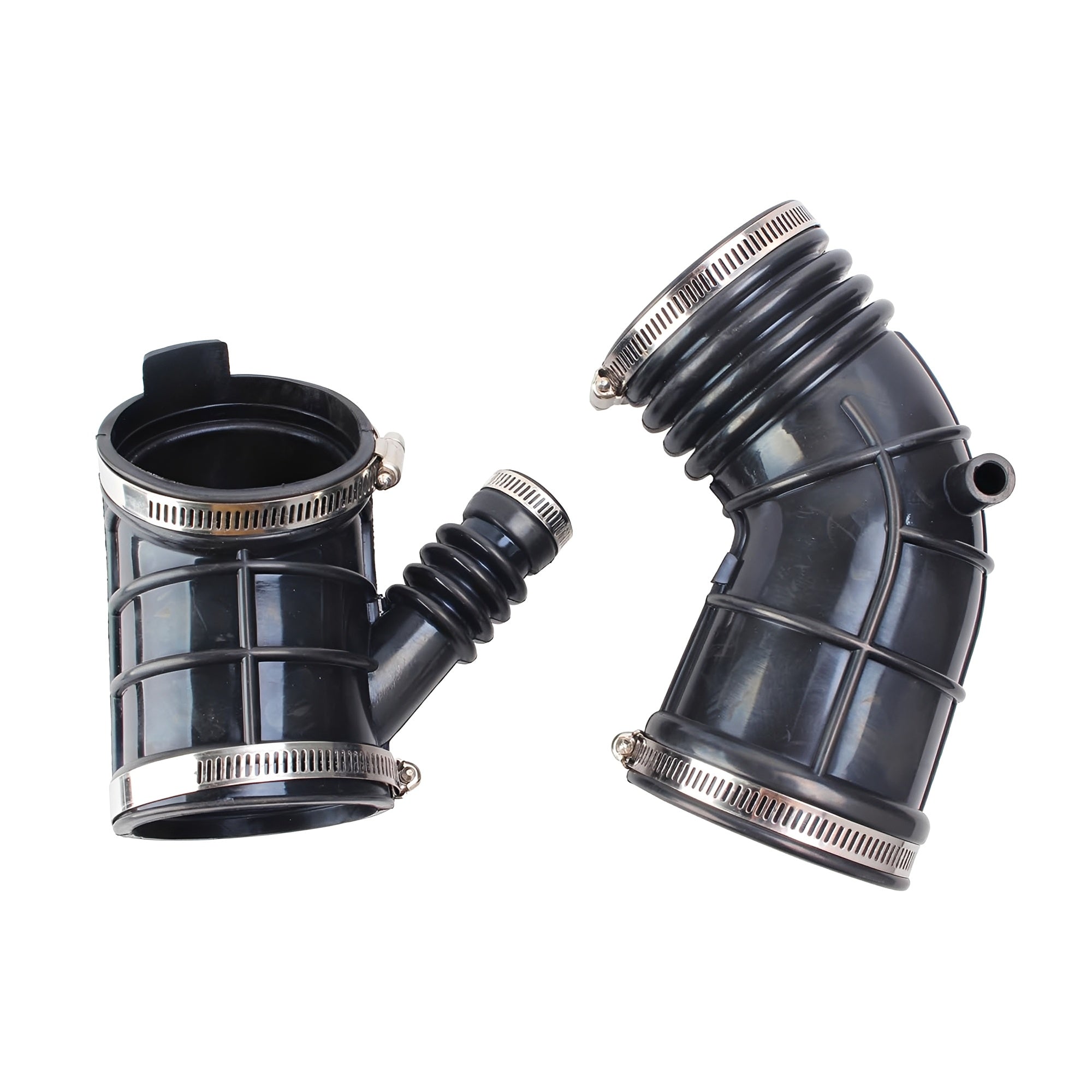 Black engine air intake hose assembly with intake adapters and metal clamps