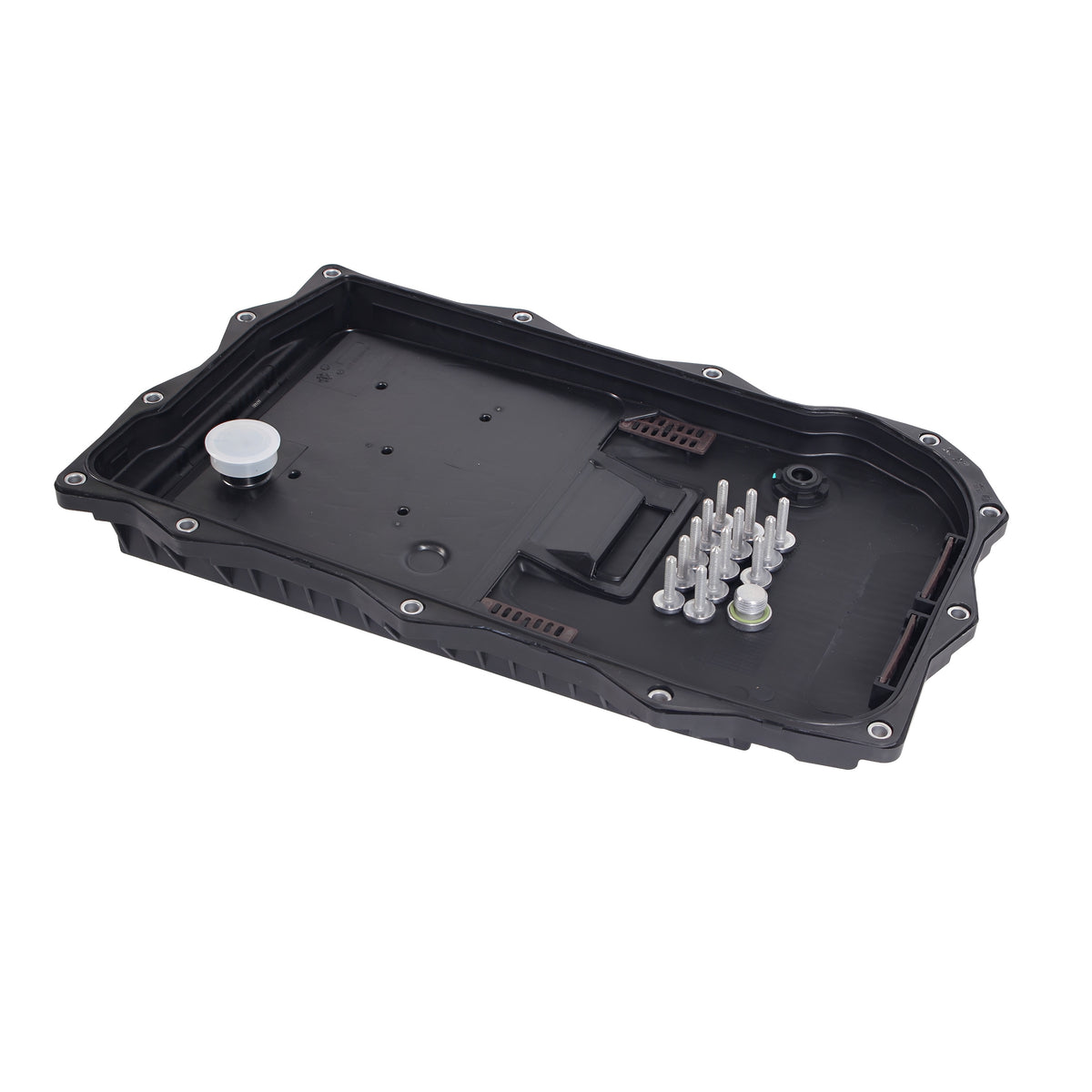 Automatic transmission oil pan kit, black cover with filter plate, bolts, and connector