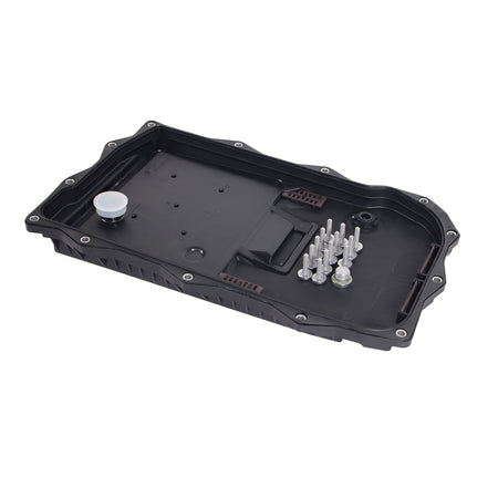 Automatic transmission oil pan kit, black cover with filter plate, bolts, and connector