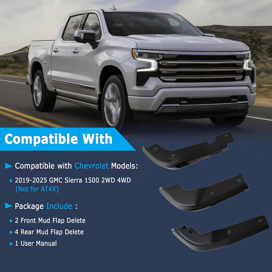 Two curved black front and rear mud flap delete pieces with bolt holes
