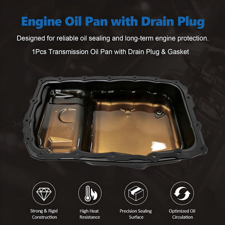 Transmission oil pan with drain plug and gasket, black pan with oil tray interior