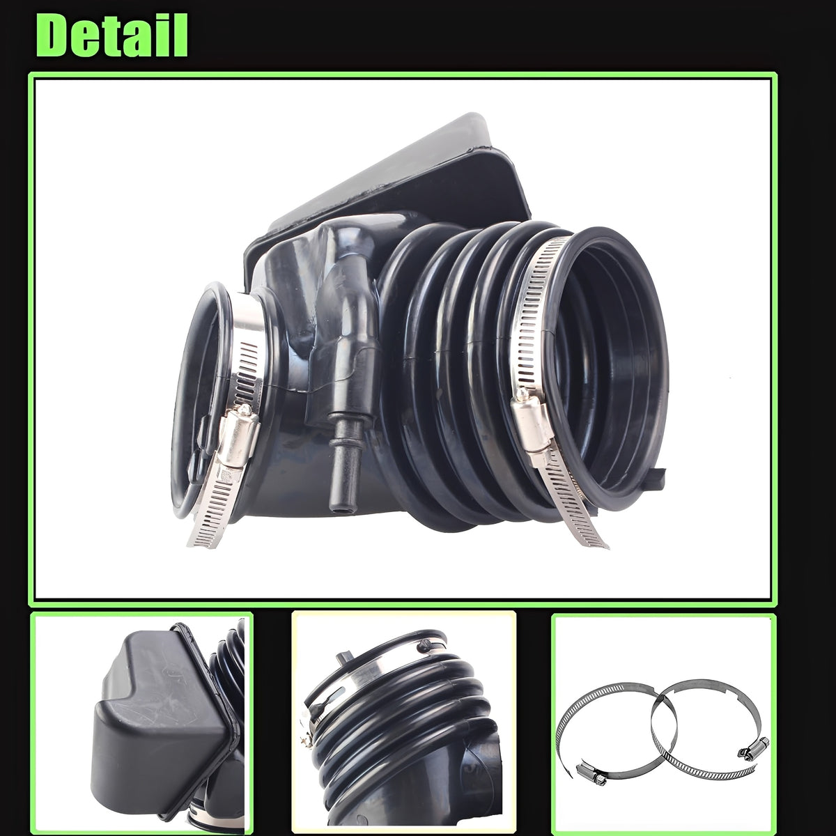 Engine air intake hose assembly with ribbed black intake tube and mounting clamps