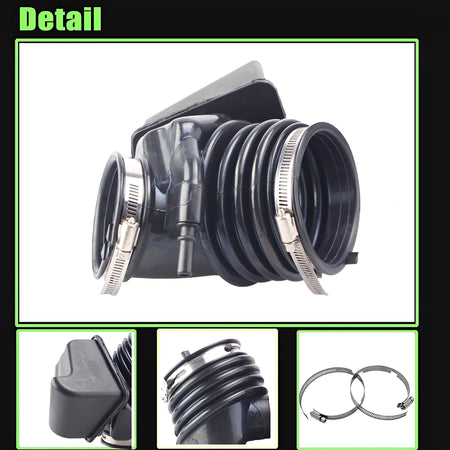 Engine air intake hose assembly with ribbed black intake tube and mounting clamps