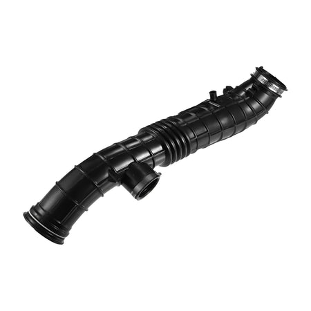 Black engine air intake hose with ribbed flexible section and curved end coupler