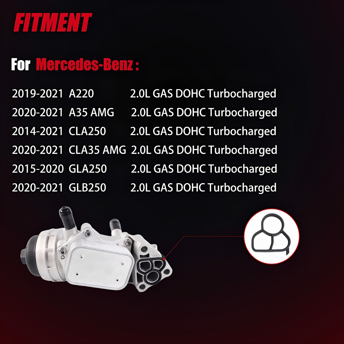 Oil filter housing with fitment icon and vehicle model text overlay