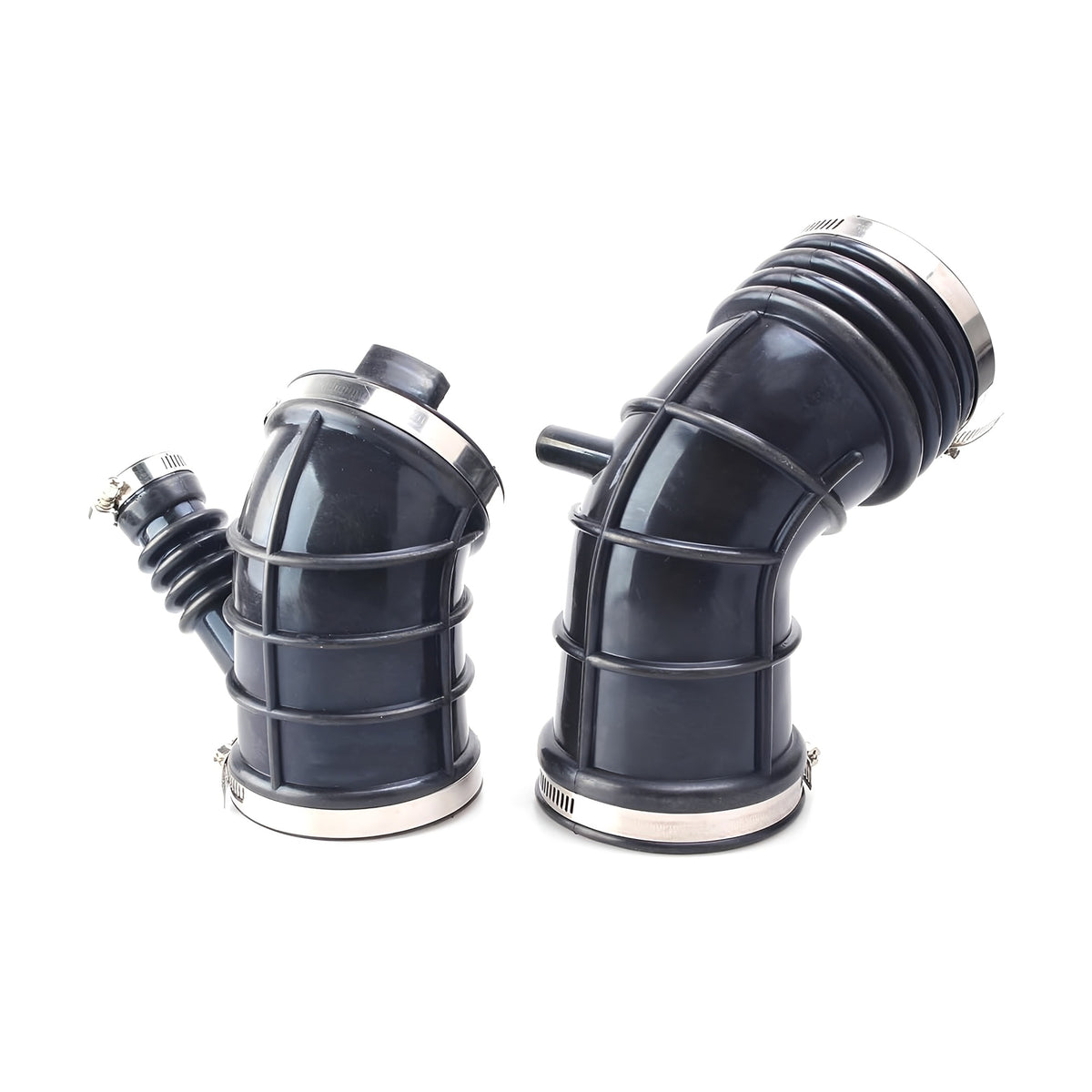 Black air intake hose elbows with stainless-style band clamps