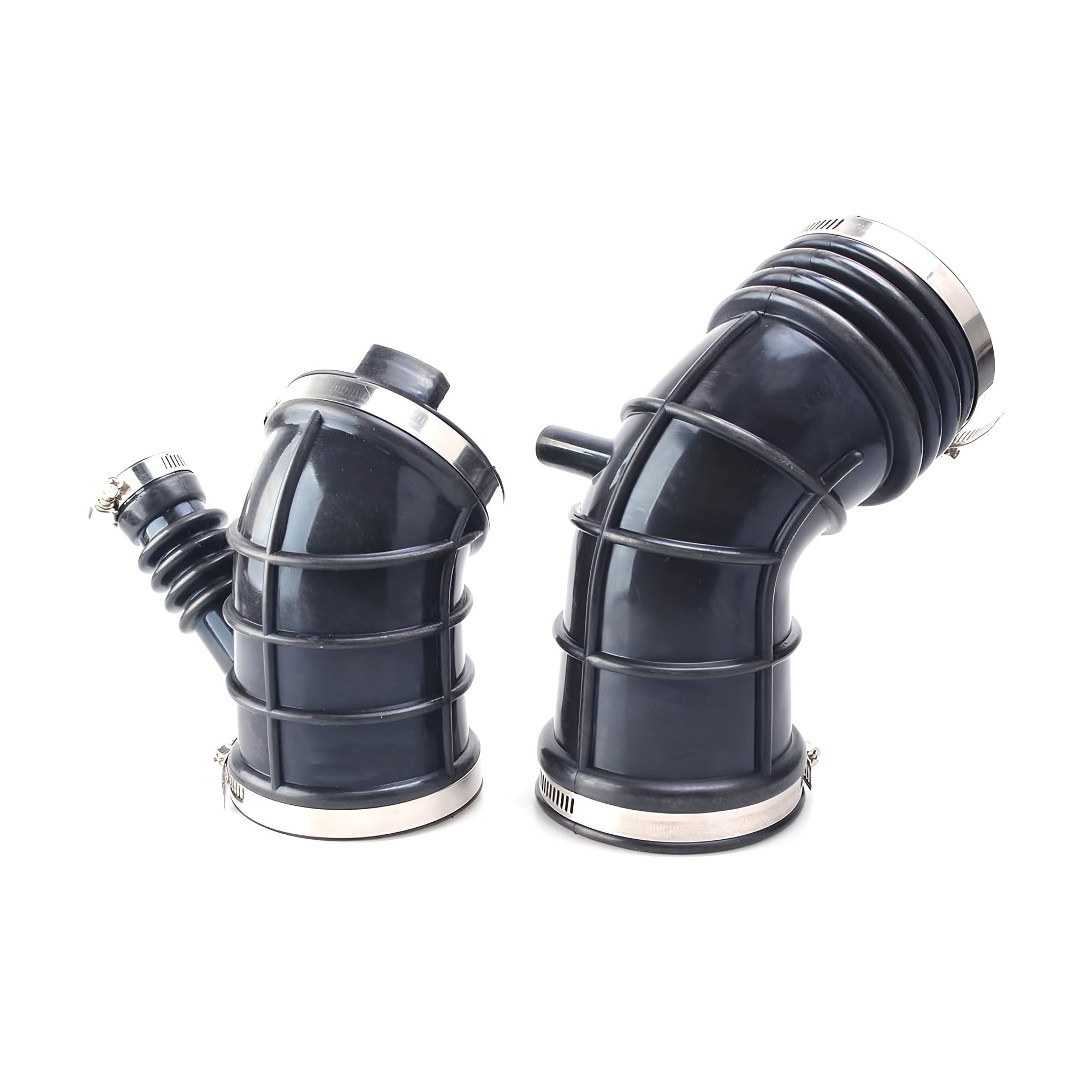 Black air intake hose elbows with stainless-style band clamps