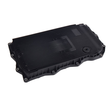Automatic transmission oil pan cover, black ribbed housing with mounting holes