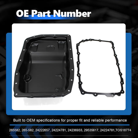 Transmission oil pan with drain plug and gasket, black pan and matching seal