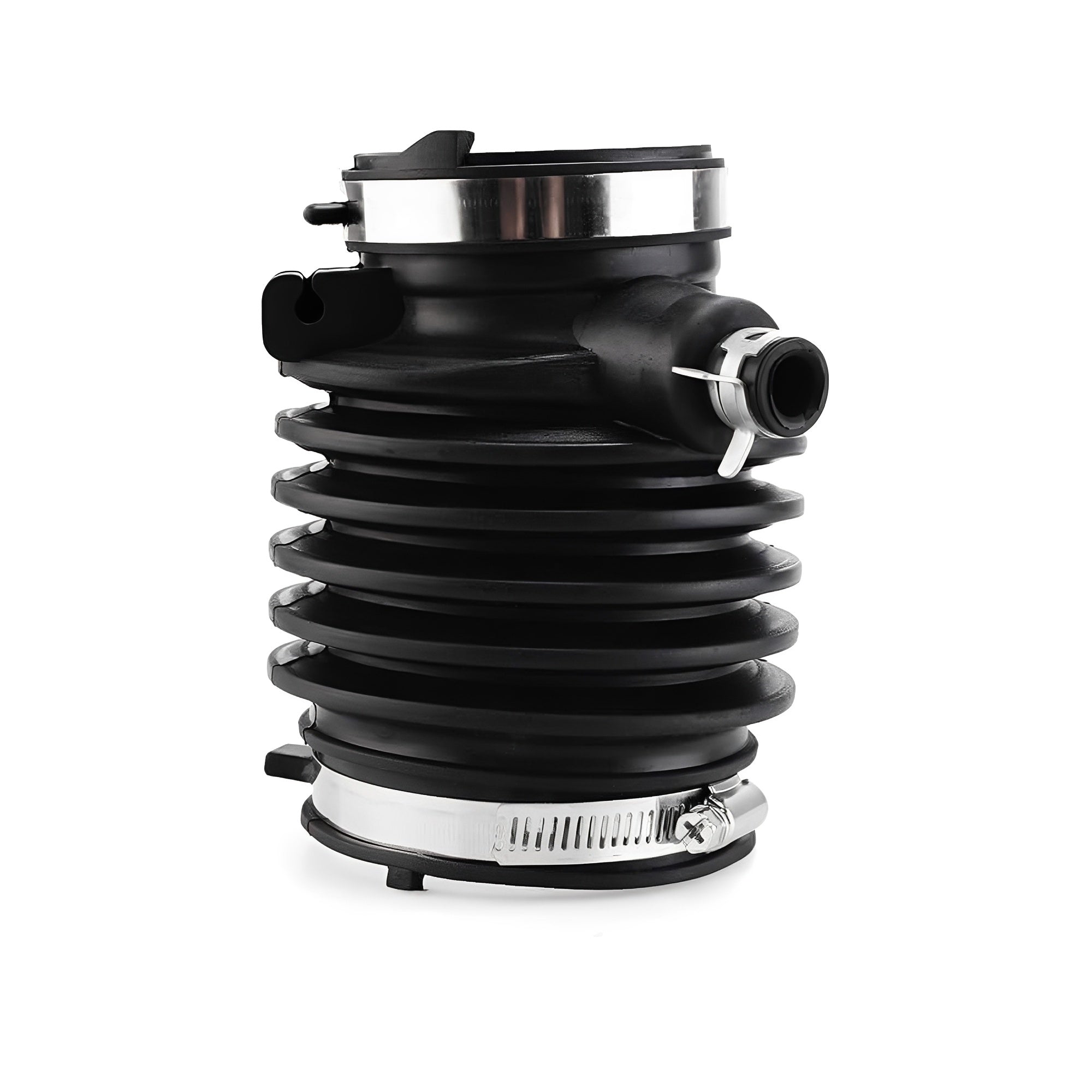 Black ribbed air intake hose assembly with outlet tube and clamp band