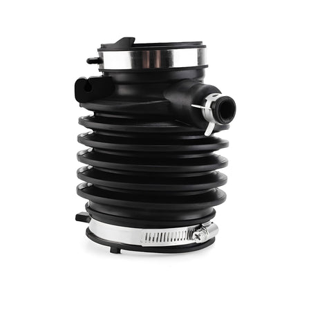 Black ribbed air intake hose assembly with outlet tube and clamp band