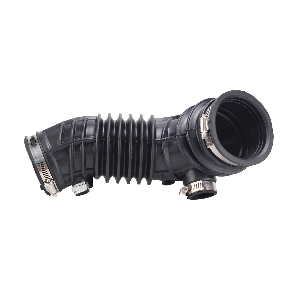 Engine air intake hose, ribbed black rubber with two metal clamp connections