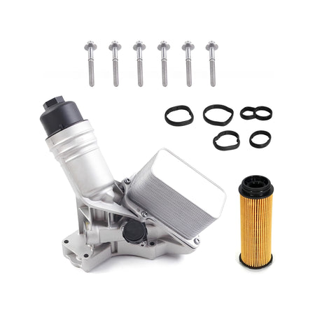 Oil filter housing assembly with mounting screws, seals, and orange oil filter