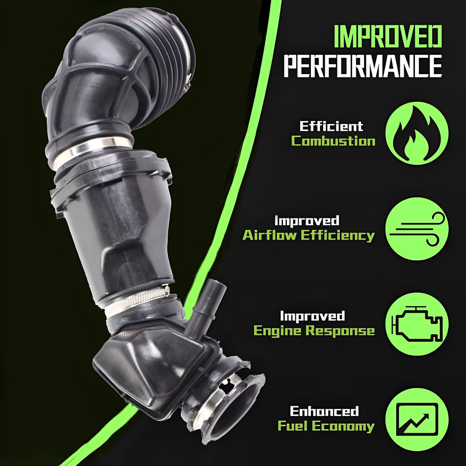 Black air intake hose with curved tube, ridged sections, and metal clamp rings
