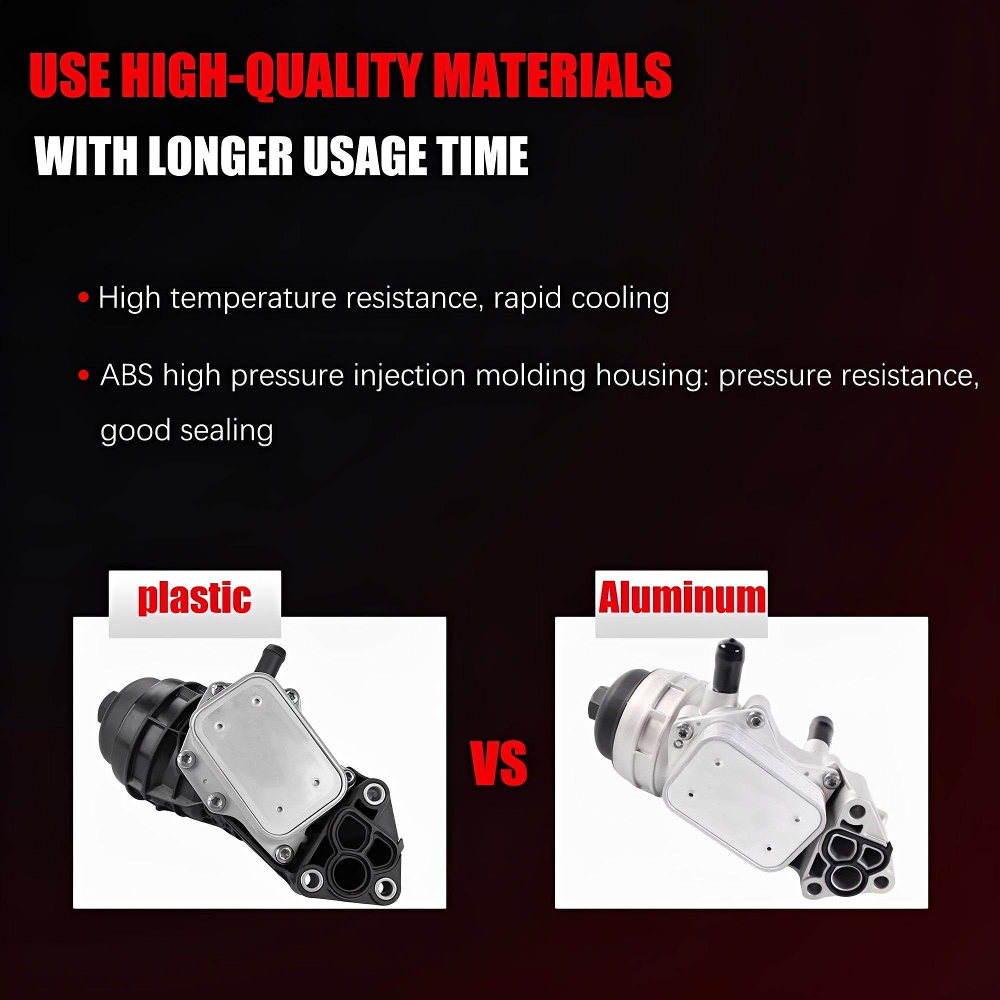 Oil filter housing shown in side-by-side plastic vs aluminum comparison