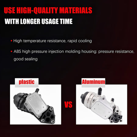 Oil filter housing shown in side-by-side plastic vs aluminum comparison