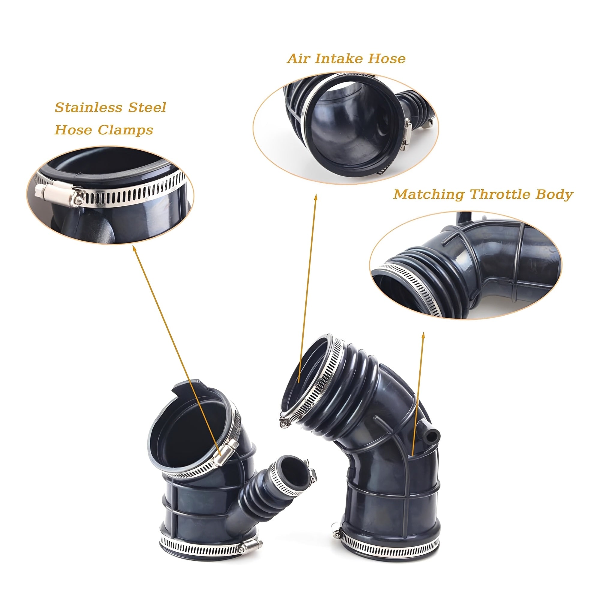Black air intake hose assembly with metal clamps and molded bends