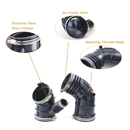 Black air intake hose assembly with metal clamps and molded bends