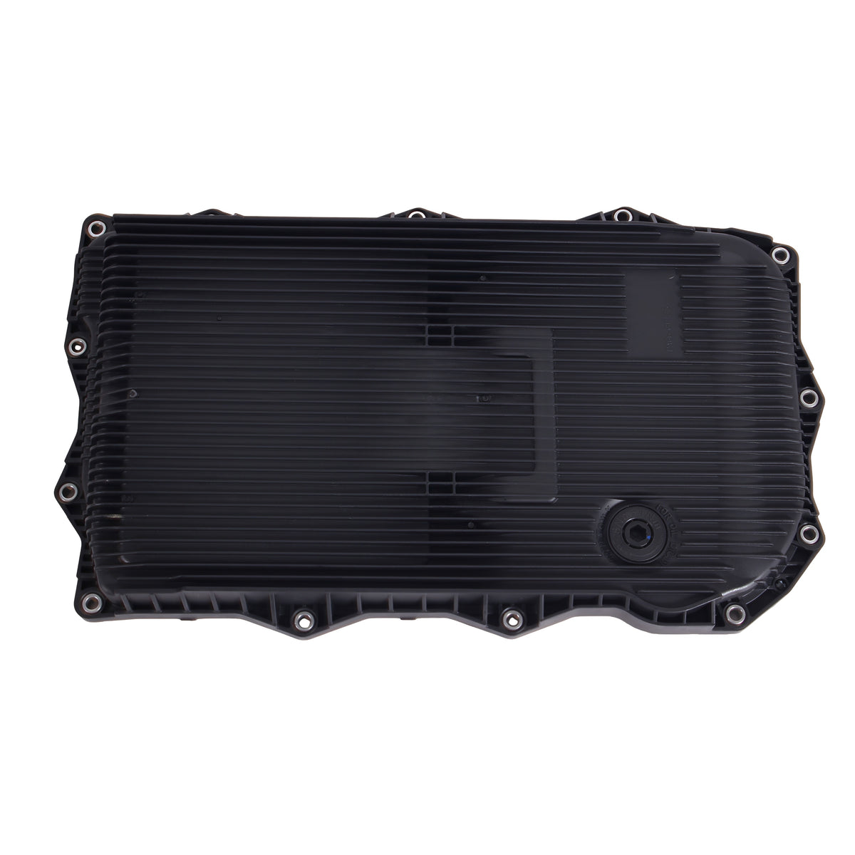 Automatic transmission oil pan cover, black exterior with fastener holes and round port