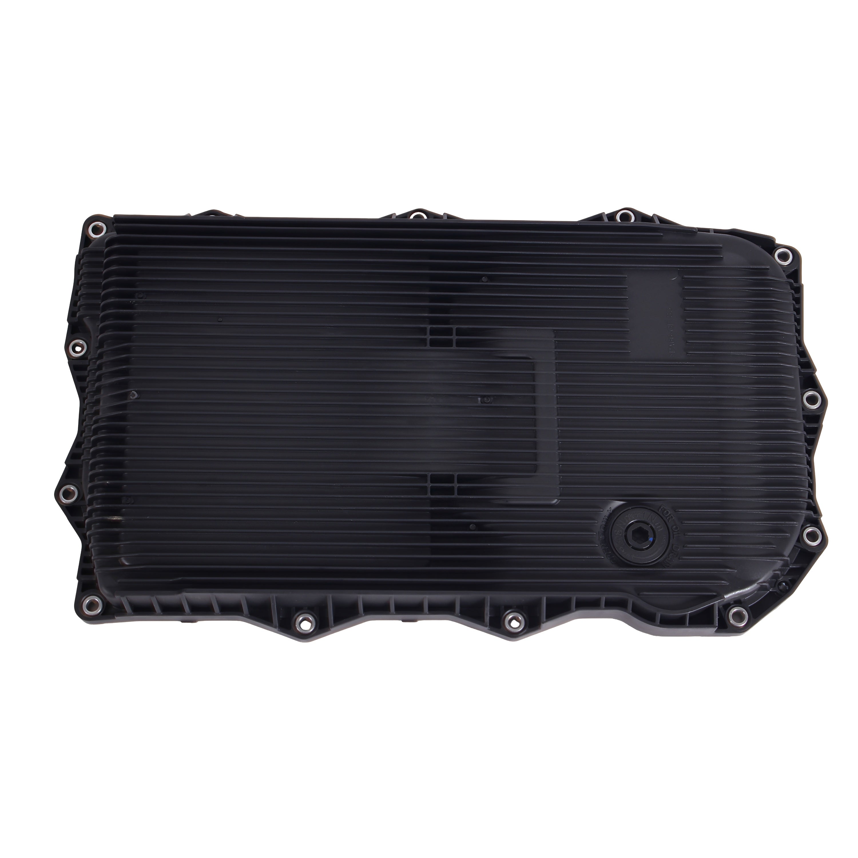 Automatic transmission oil pan cover, black exterior with fastener holes and round port