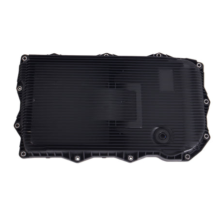 Automatic transmission oil pan cover, black exterior with fastener holes and round port