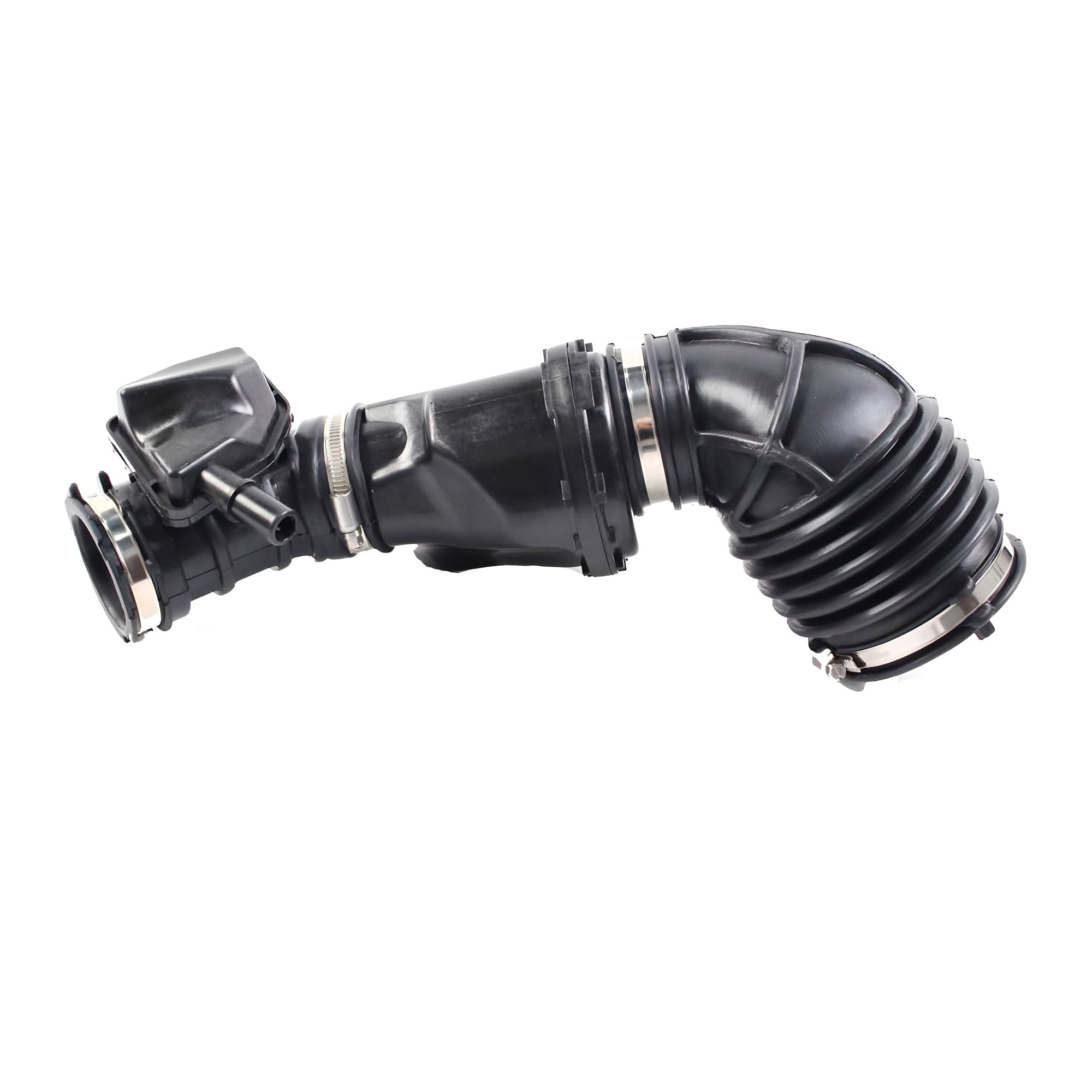 Black engine air intake hose with molded connectors and corrugated tube