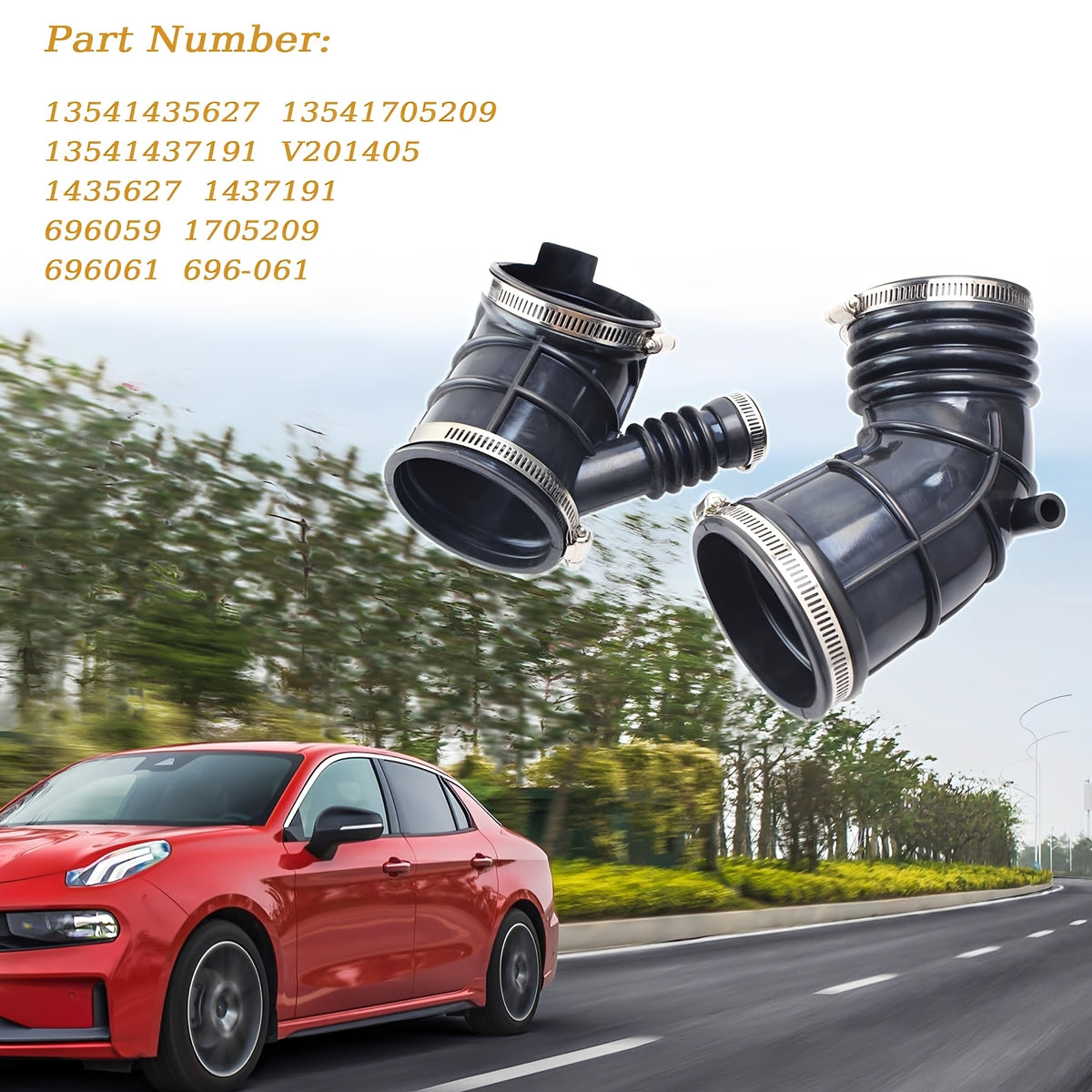 Engine air intake hose kit with black tubes and metal band clamps