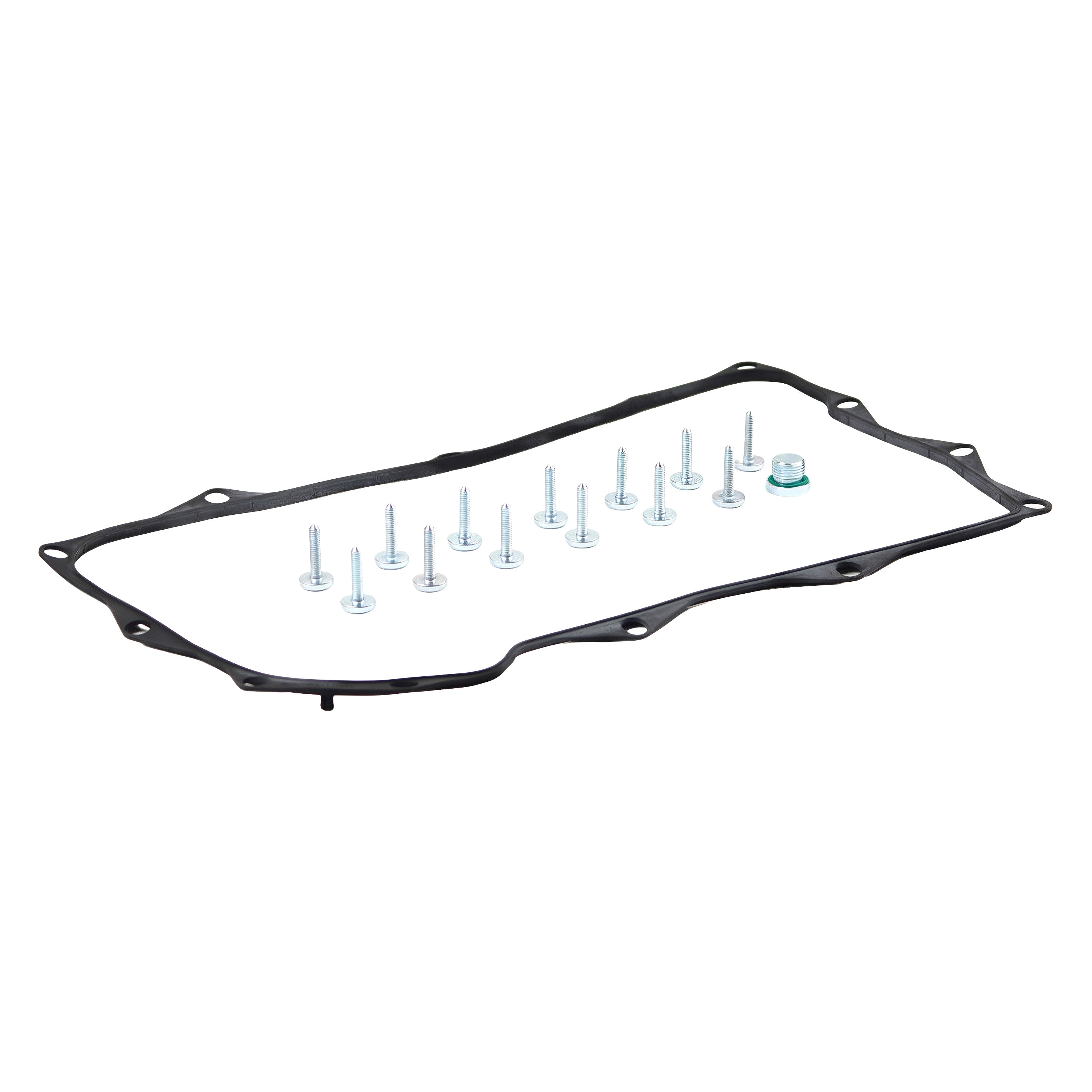 Automatic transmission oil pan gasket and bolts, black seal with silver screws