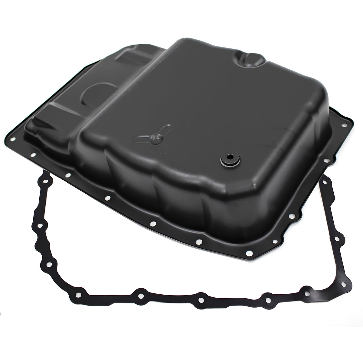 Transmission oil pan with drain plug and gasket, black metal pan with seal