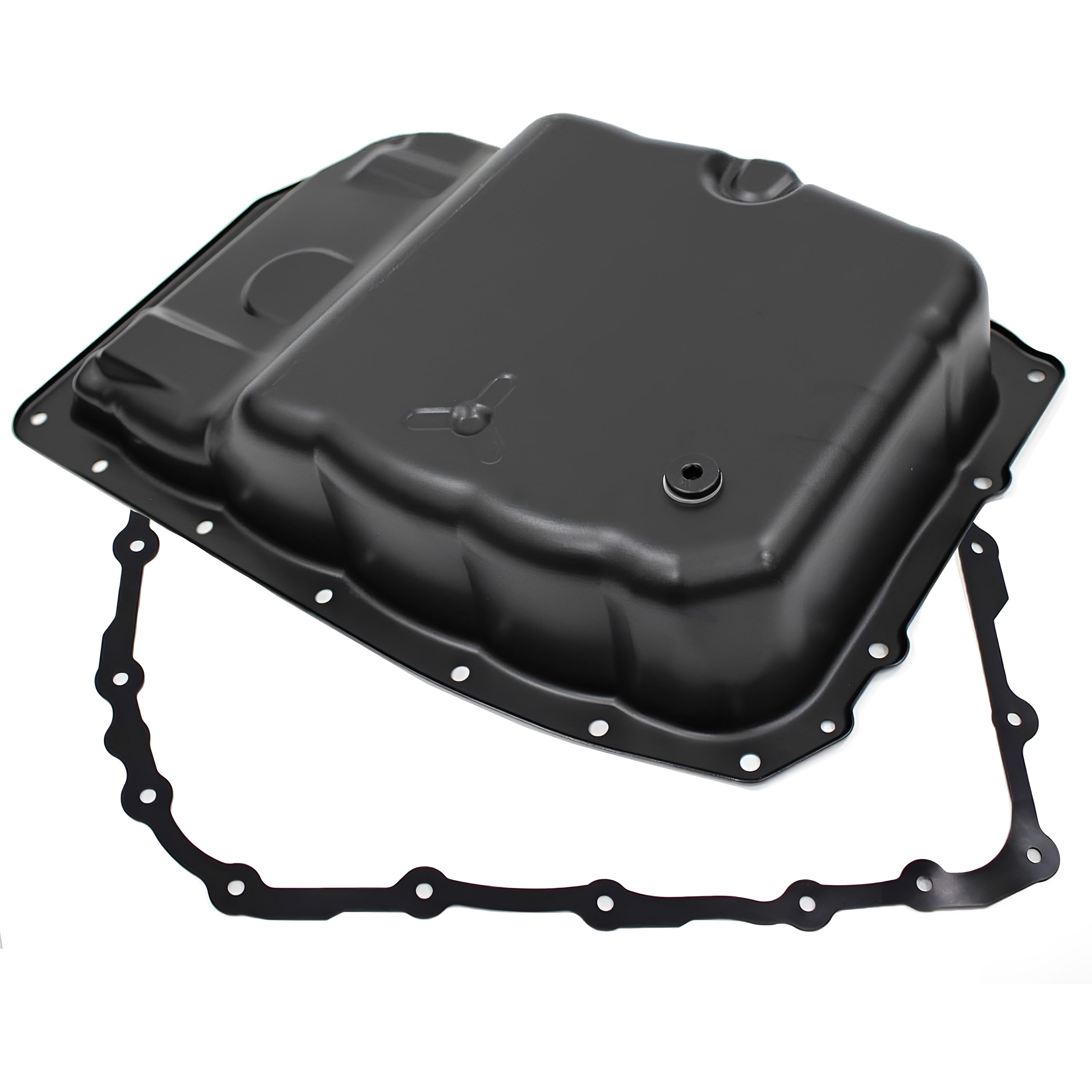 Transmission oil pan with drain plug and gasket, black metal pan with seal