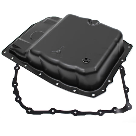Transmission oil pan with drain plug and gasket, black metal pan with seal