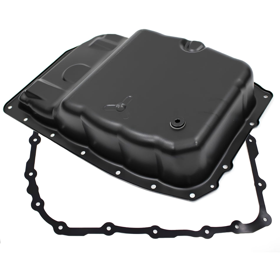 Transmission oil pan with drain plug and gasket, black metal pan with seal